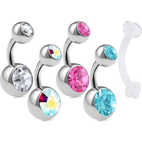 50PCS 14gx6mmx5/8mm Surgical Steel Double Crystal Navel Belly Button Navel Rings Piercing Jewelry Short Bar 6mm+50pcs Retainers