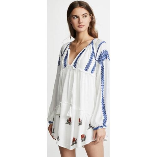 Summer new Bohemian holiday island beach dress national style loose embroidery v-neck fringe mini dress