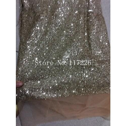 Fashion JRB-85369 french net fabric with glued glitter shinny sequins lace fabric for wedding dress in gold color