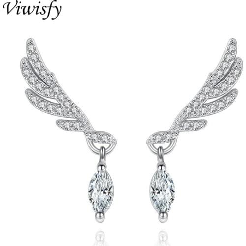 Viwisfy Angel Wings Studs Vintage Jewelry 925 Sterling Silver Earrings For Women Luxury Crystal Stud Earrings Woman VW21015