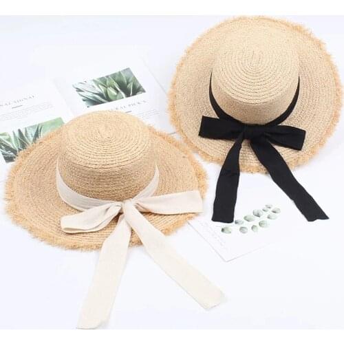 Special Brim Raffia Hat Summer Sun Hat Bow Spikelet Temperament Flat Straw Hats For Woman Beach Vacation Sunscreen Hats