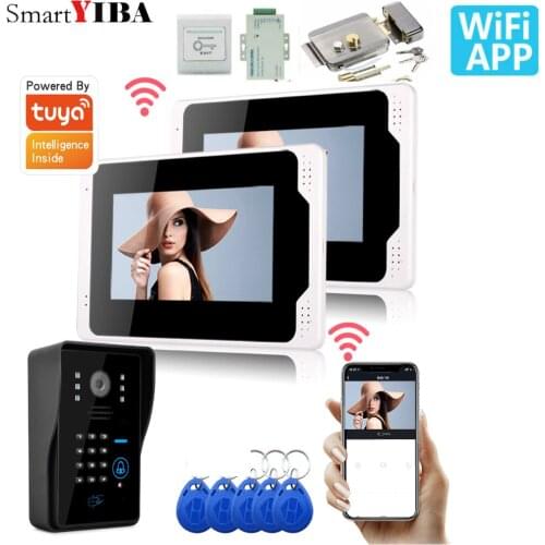 7 inch 2 Monitors Wired Wifi RFID Password Video Door Phone Intercom System Kit+ Electric Lock+ Wireless Remote Control unlock