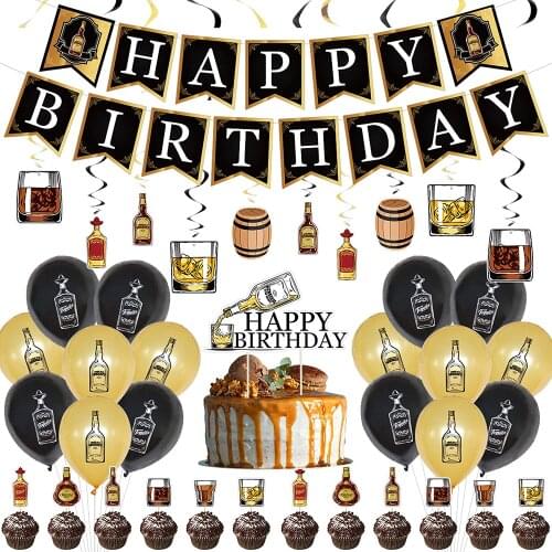 Whiskey Theme Birthday Party Supplies Beer Mug Pattern Balloon Hanging Pendant Banner Cake Topper Decorations
