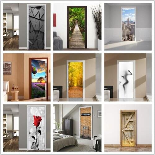 Hot Air Balloon Door Sticker Self-adhesive Idyllic Landscape Stickers Porte For Living Room Bedroom Home Wood Doors Decor Mural