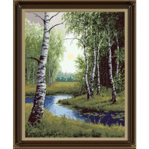 Top Quality hot selling beautiful counted cross stitch kit silver birch tree trees forest river Zolotoe Runo