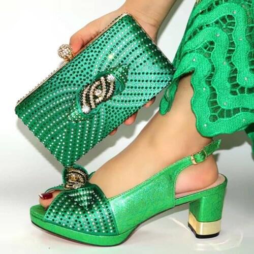 High quality green women pumps match handbag set with rhinestone decoration african shoes and bag for party dress V278,heel 7CM