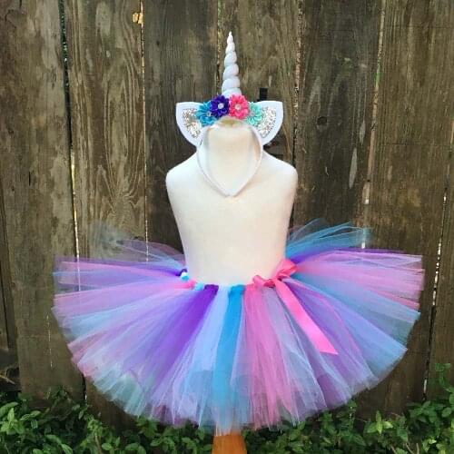Girls Unicorn Flower Tutu Skirts Baby Rainbow Tulle Skirt Ballet Pettiskirt with Ribbon Bow and Hairbow Kids Party Costume Skirt