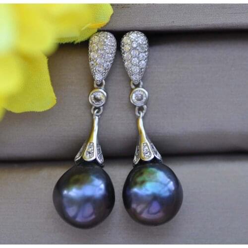 Z10061 13mm Peacock-Black Drop Keshi Edison Pearl Dangle Earring CZ