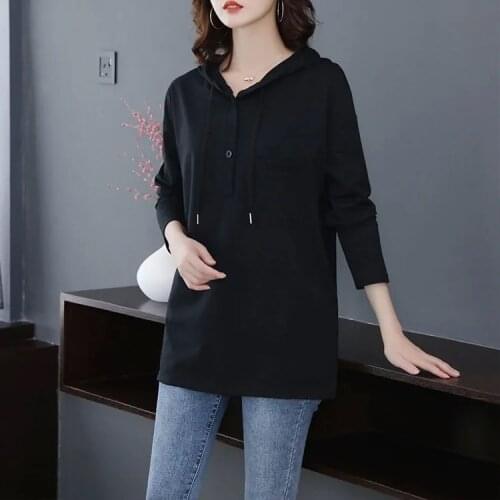 2021 New Autumn Spring 50% Cotton Woman long sleeve t-shirts Hoodie Fashion Korean Style Solid Oversized t shirt