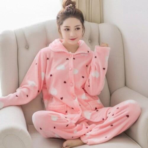 Women Winter Pajamas Thick Home Suit Sleepwear Warm Flannel Long Sleeves set Pink Cute Animal Homewear