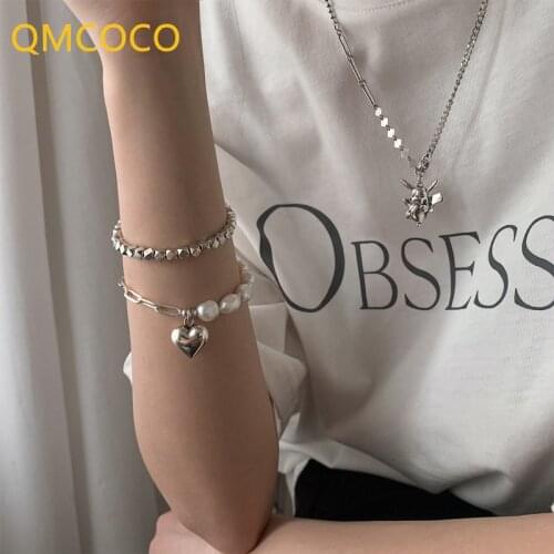 QMCOCO 925 Silver Chain Bracelets For Women Summer New Trendy Simple Elegant Romance Pearls LOVE Heart-Shape Party Jewelry Gifts