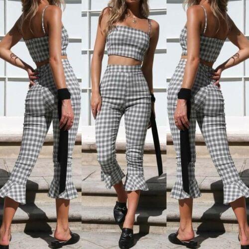 2019 SummerNEW Women Ladies Jumpsuit Plaid Clubwear Summer Off Shoulder 2Pcs Set Party Romper Trousers