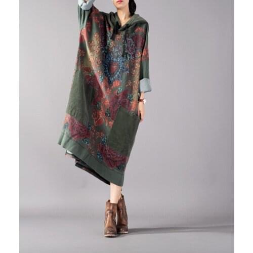 Women Loose Patchwork printed Hooded Dress Ladies Big Pockets Hooded Retro Print Dresses Female 2018 Autumn Dress