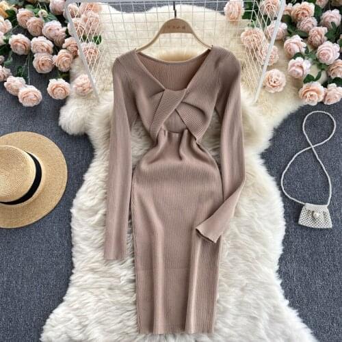 Fashion Hollow Kink V Neck Long Sleeve Elastic Slim Waist Sexy Knitted Package Hip Dress Spring Autumn Vestidos Women New