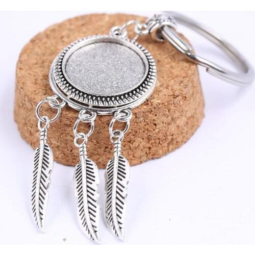 Onwear 2pcs fit 20mm round antique silver dream catcher cabochon keychain base settings diy keyring pendant tray for key chain
