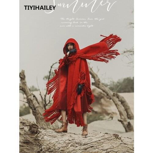 TIYIHAILEY Free Shipping Vintage Cloak Winter And Autumn Outerwear Hooded Loose Long Maxi Red Witch Cardigan With Hood Tassels