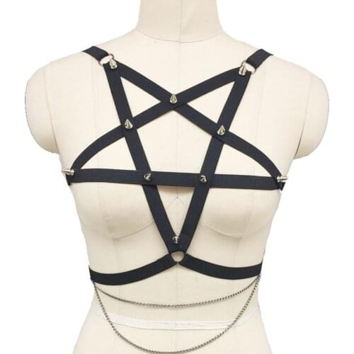 Goth body harness women black pentagram cage harness bra Harajuku body chain pole dance sexy lingerie body cage bra harness