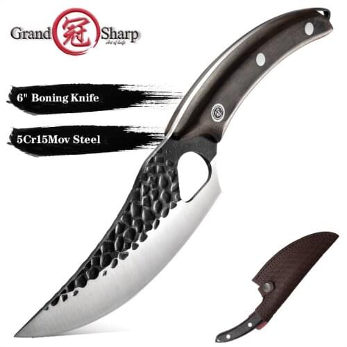 Grandsharp 6 Inch Boning Knife 5Cr15Mov Stainless Steel Meat Cleaver Chef Kitchen Knife Hunting Outdoor Tool Ebony Wood Handle