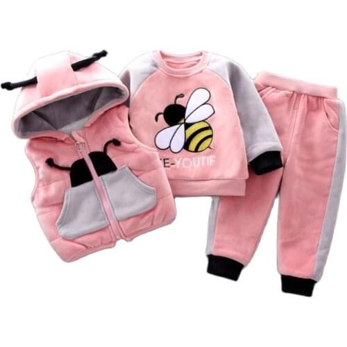 Boys Girls Cartoon Clothing Suits Baby Plus Velvet Jacket+Hooded Vest+ Pants 3Pcs Sets Kids Toddler Winter Sports Clothes 0-4Y