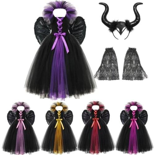 3PCS Clothing Set for Girls Tutu Dress Maleficent Headgear Wings Descendants Villain Cosplay Costume Evil Queen Frock