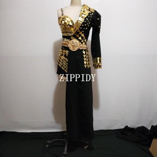 Fashion Gold Mirrors Bodysuit Half Jacket Black Coat Design Party 2 Pieces Set Female Singer Nightclub Costume Sequins Leotard