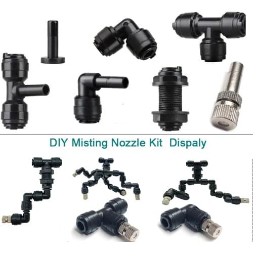 HEMAN 3pcs DIY Misting Nozzle Kit 1/4'' Pipe Tee Elbow Quick Connector End Cap Bulkhead Adapter Aquarium Fittings Top Joint