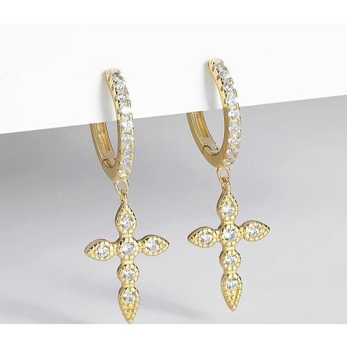 Real 925 Sterling Silver Zircon Cross Pendant Drop Earring for Women Gold Color Simple Tiny Circle Earrings Huggie Jewelry Gift
