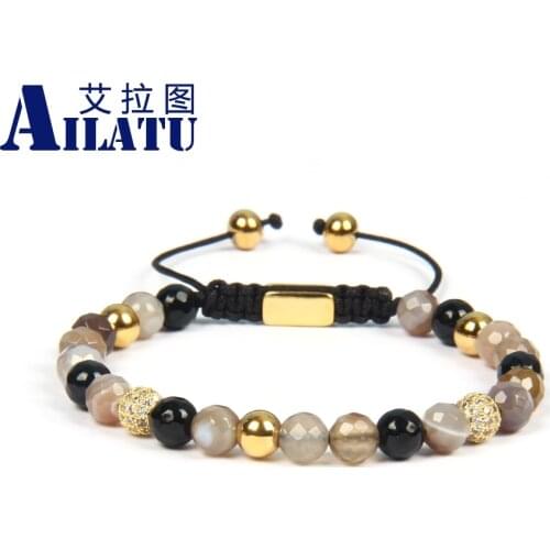 New 6mm Faceted Botswana Stone Braiding Bracelet for Women & Girl Stainless Steel Logo Printing Jewelry Drop Shipping