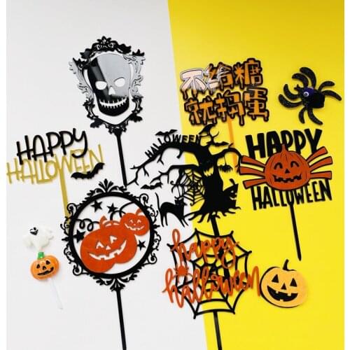 New Horror Pumpkin Happy Halloween Acrylic Cake Decorations Cobweb Skeleton Baking Cake Toppers for Halloween Party Cake Toppers