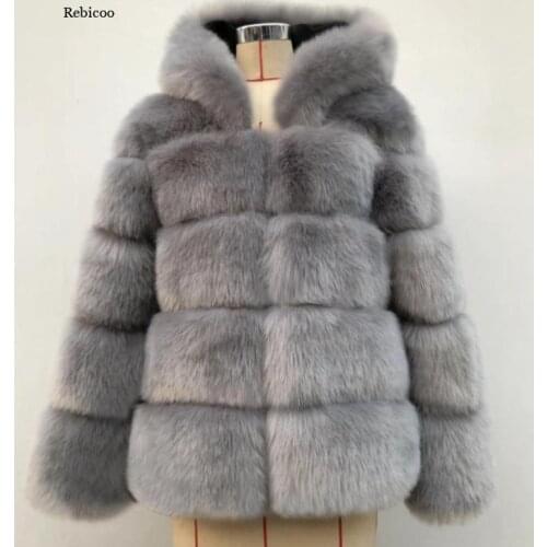 Autumn and Winter New Faux Fur Fox Fur Hooded Mid-Length Fur Coat Women