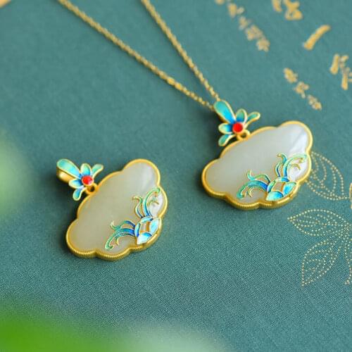 Natural Hetian Jade Necklace Chinese Style S925 Sterling Silver Gilding Burnt Blue Lotus Lock of Good Wishes Pendant Jade Sweate