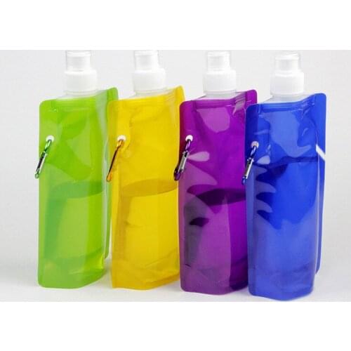 Quevinal 500pcs/Lot Portable Foldable Reuseable 480ml Bottle With Carabiner For Summer Hot Outdoor Sports Travel Folding Bags