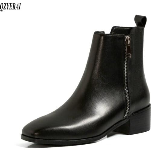 QZYERAI Genuine leather Ankle boots Female boots fashion black brown Womens boots cowhide Autumn winter Womens shoes