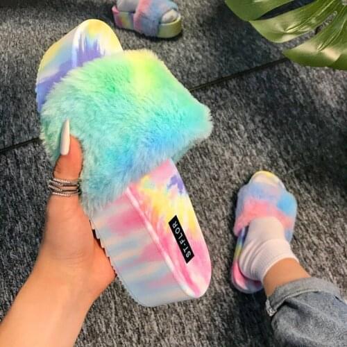 New Arrival Platform Fluffy Slippers Women Autumn Winter, Fur Slides Home Furry Flat Luxury 2021, Plus Size Fuzzy Slippers