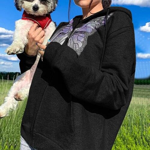 Y2K Fashion Oversized Butterfly Graphic Rhinestone Zip Up Hoodies E-girl 90s Streetwear Diamond Grey Long Jacket Autumn hoodie