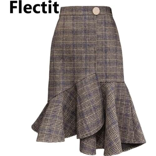 Flectit Fall Winter Wool Blend Glen Plaid Skirt with Ruffled Hem Gold Button Elastic Waist Asymmetrical Midi Skirt