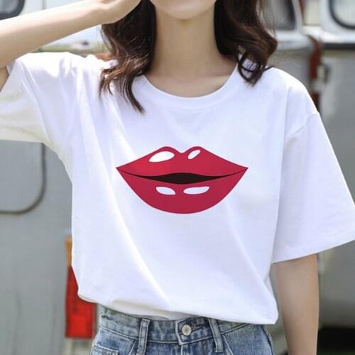 2021 Women T Shirt Sexy Mouth Graphic Print Summer Casual Short Sleeve Korean Fashion Aesthetic Female Ladies Top Tees TShirts