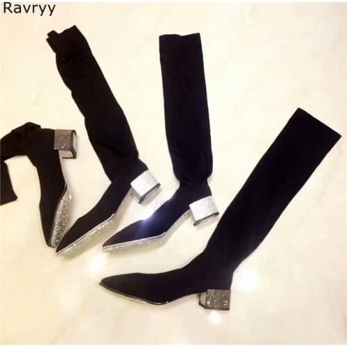 2018 hot fashion elastic over-the-knee boots bling bling rhinestone decor square heel woman long boots pointed toe female shoes