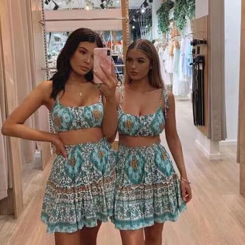 Floral Print 2 Piece Boho Green Sets for Women O-Neck Sexy Sleevless Cotton Short Tops Beach Mini Female Sets Summer 2021