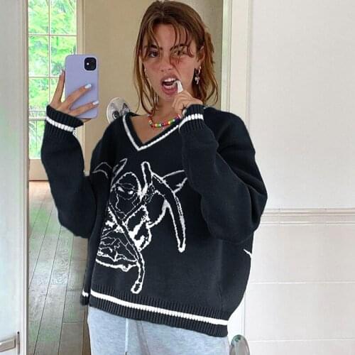 Preppy Style Oversized Knitted Sweater Women Casual V Neck Autumn Jumper Ladies Print Fashion Pullover Knitwear 2020