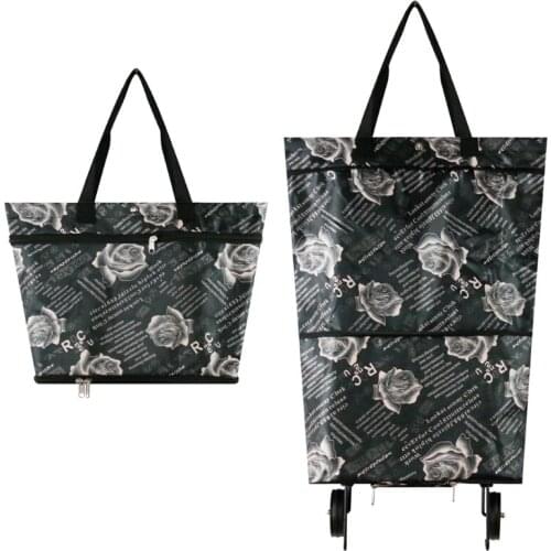 2 in 1 Folding Shopping Bag with Wheels Waterproof Collapsible Trolley Bag Reusable Grocery Organizer