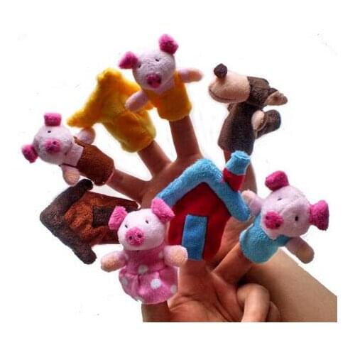 8 Pcs=1 SET The Three Little Pigs Finger Puppet Children Educational Fairy Tale Toy Plush Puppet YH364