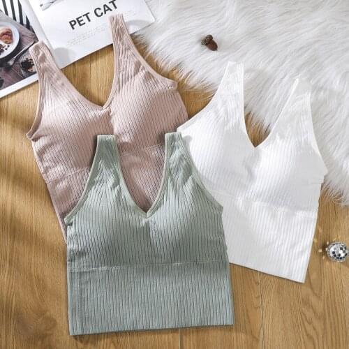 Linbaiway V Neck Seamless Knitted Bras for Women Wirefree Padded Crops Tops Bralette Femme Seamless Underwear Sports Bralette