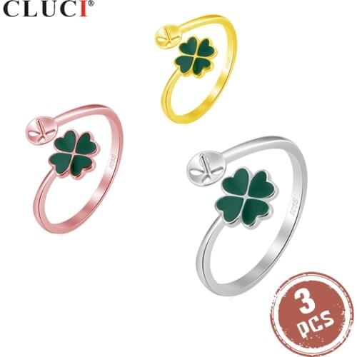 CLUCI 3pcs 925 Sterling Silver Clover Shaped Ring Silver 925 Pearl Ring Mounting Adjustable Women Clover Flower Rings SR2159SB