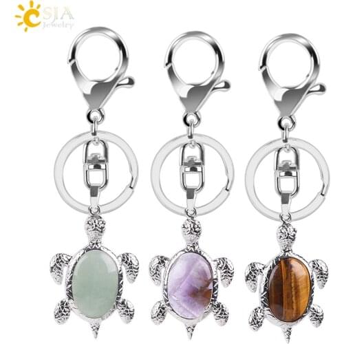 CSJA Natural Crystal Stone Turtle Pendant Car Keychains for Ladies Men Bag Decoration Keyrings Buckle Holder Christmas Gift E814