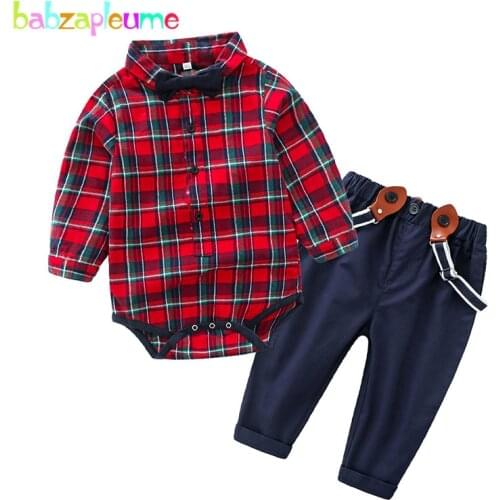Babzapleume 2019 Spring Fall Baby Boys Set Infant Clothes Newborn Fashion Plaid Rompers Gentleman Baby Bodysuits+Pants BC1452-1