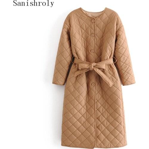 Long Winter Down Cotton Coat 2021 Casual Tie Bow With Sashes Women O Neck Padded Parka Jakcet Stylish Rhombus Pattern Outwears