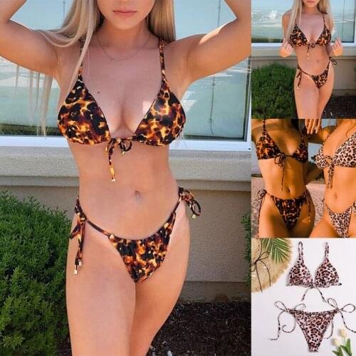 Hot kf-Womens 2-Piece Triple-Cornered Swimsuit Double Fabric Leopard Print Fashion Printed Bikini