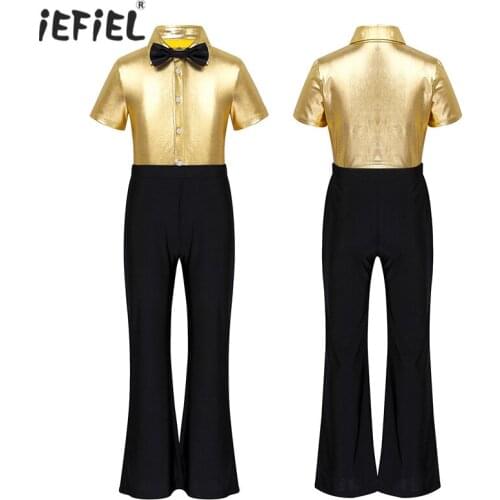 Kids Boys Metallic Rock Jazz Dance Costume Short Sleeves Spread Collar Jumpsuit Bodysuit with Neck Tie Stage Dancing Performance