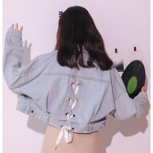 Women Short Denim Jackets Korean Spring Autumn Preppy Style Back Lace Up Eyelet Jeans Jacket Ladies Slim black Jean Coat